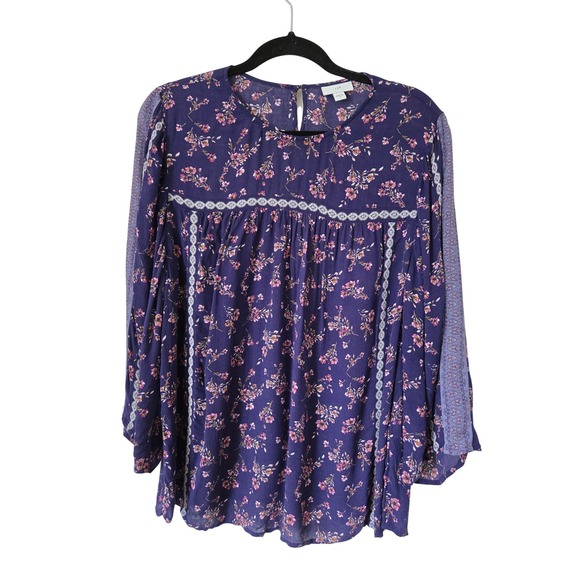 J. Jill Tops - J. Jill Womens Medium Floral Boho Peasant Top Navy Blue Pink Rayon Wide Sleeve